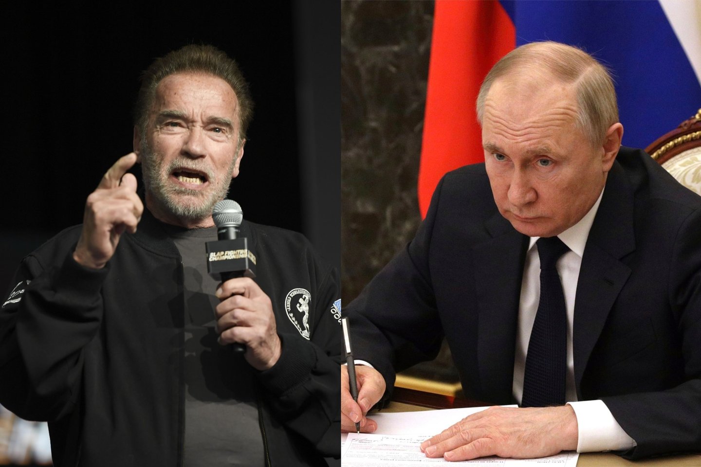  Arnoldas Schwarzeneggeris viešai kreipėsi į Vladimirą Putiną.<br> lrytas.lt koliažas.