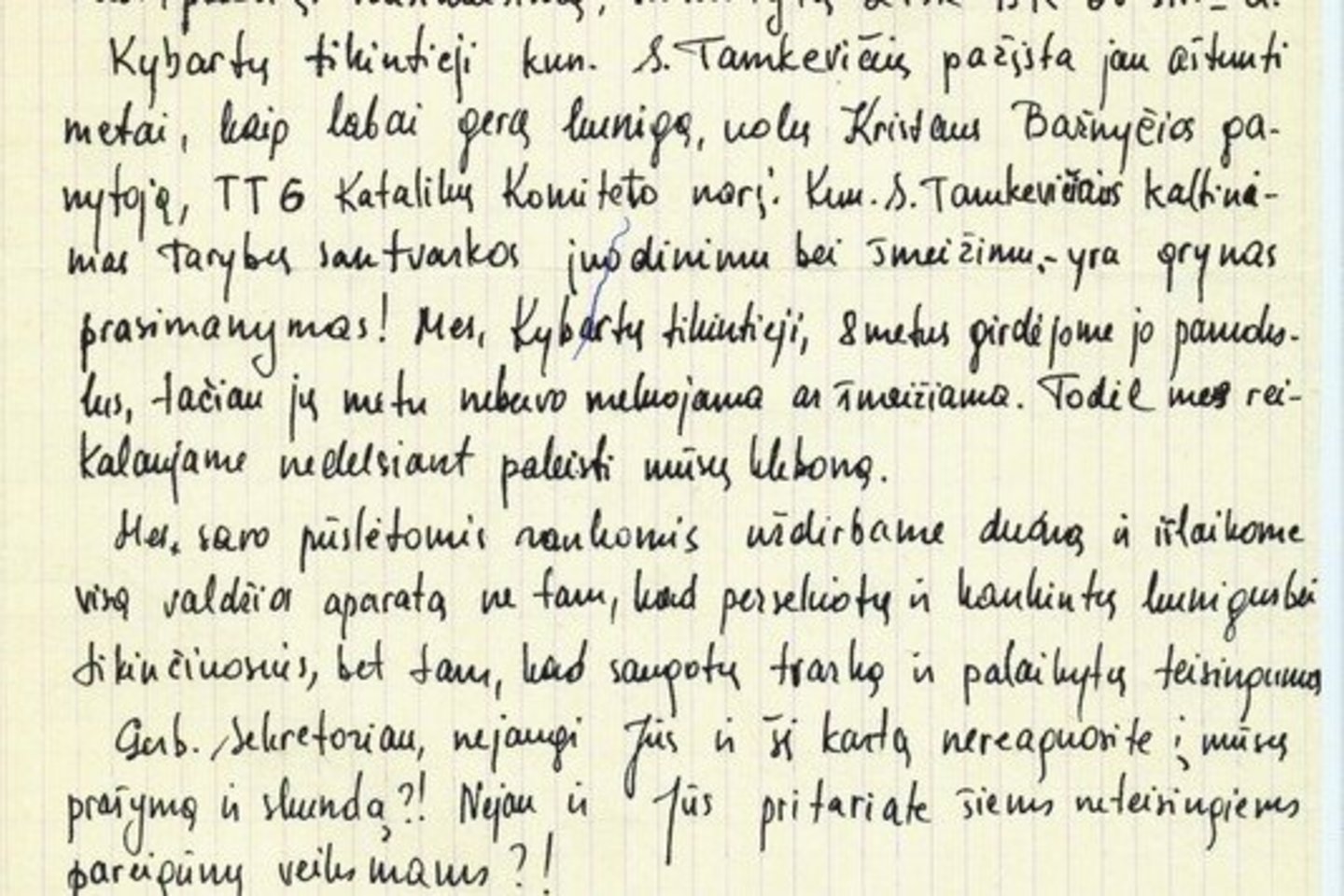 Kybartų parapijos tikinčiųjų pareiškimas Sovietų Sąjungos komunistų partijos centro komiteto generaliniam sekretoriui Jurijui Andropovui dėl Kybartų parapijos klebono Sigito Juozo Tamkevičiaus suėmimo. 1983 m. gegužės 8 d.<br>LYA nuotr.