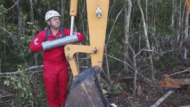 Meksikoje aktyvistai prisitvirtino prie džiungles kertančios technikos: siekė stabdyti traukinių linijos tiesimą