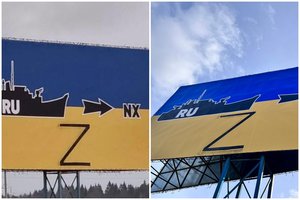 Policija aiškinasi, kas ant Ukrainą remiančio stendo kelyje Vilnius-Kaunas užpaišė Z raidę