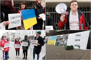 Protestuotojai prie Vengrijos ambasados paragino neblokuoti sankcijų Rusijai: tai dvigubų standartų žaidimas