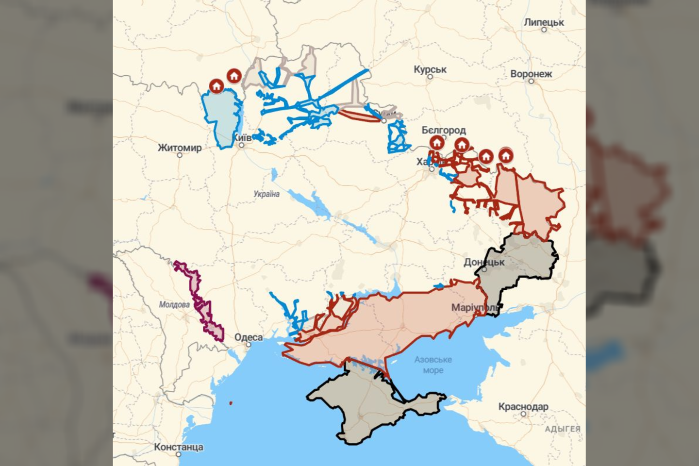  Internete pradėjo Ukrainos kuruojamas interaktyvus žemėlapis, kuriame operatyviai atnaujinama informacija apie Ukrainos-Rusijos karo metu užgrobtas bei atkovotas teritorijas.<br> Ekrano nuotr.