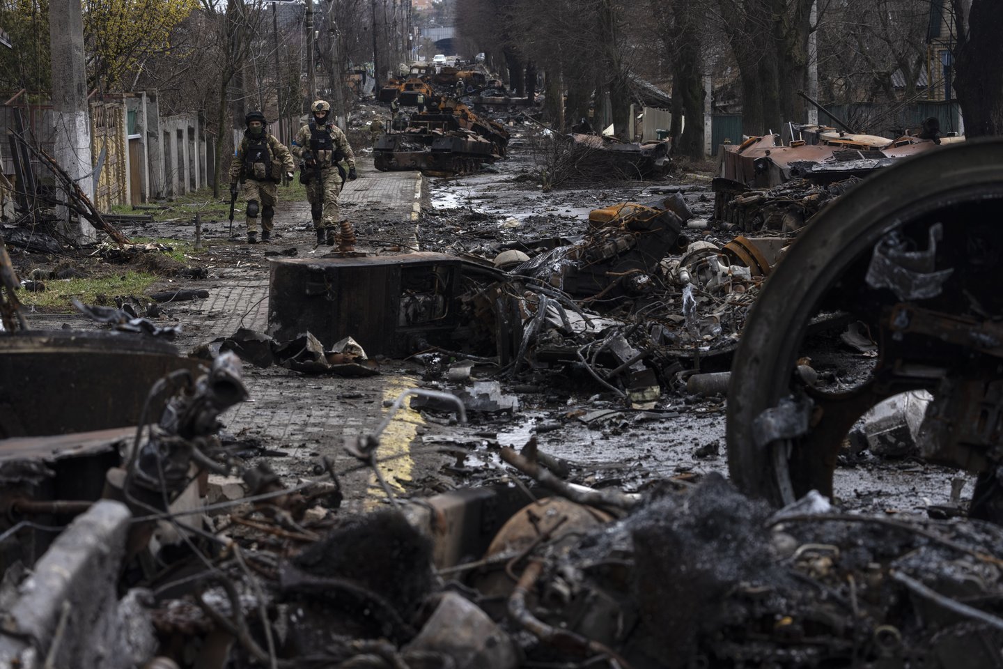 Ukrainoje, Kijevo srityje esančiame Bučos mieste per Rusijos pradėtą karą rusų karių surengtos žudynės.AP / Scanpix nuotr.