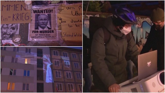 Ant Rusijos konsulato Vokietijoje sienos – vaizdų instaliacija iš Bučos žudynių