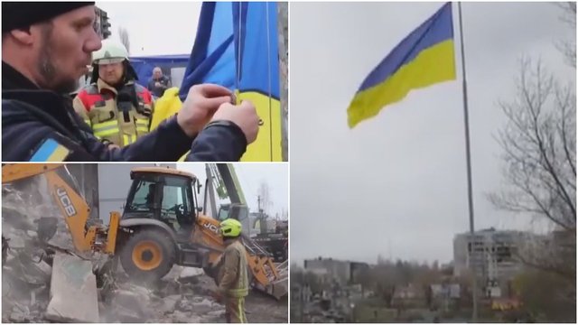 Borodiankoje vėl pakilo Ukrainos vėliava: pagalbos tarnybos darbuotojai pradėjo tvarkyti rusų nuniokotas gatves