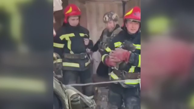 Ukrainos gelbėtojai stengiasi dėl kiekvienos gyvybės: po griuvėsiais įstrigęs šuo saugiai grąžintas savininkui