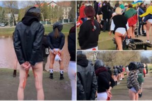 Protestas prie Rusijos ambasados Vilniuje: išsirengusios moterys iliustravo žiaurumus Ukrainoje