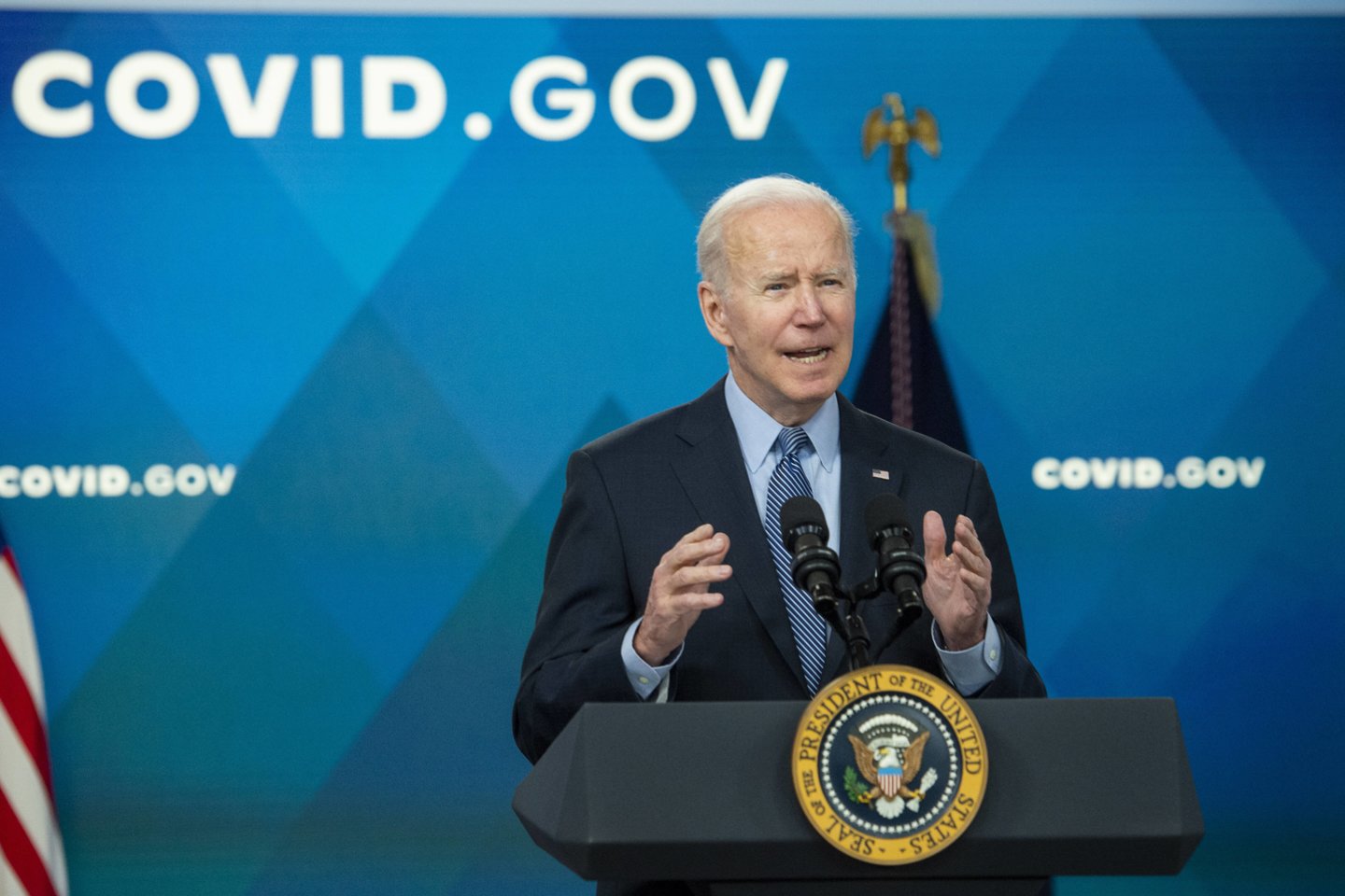 Jungtinių Valstijų prezidento Joe Bideno pasisakymas apie šalies kovos su COVID-19 padėtį.<br>IMAGO/Scanpix nuotr.