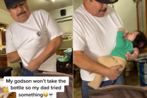 Senelis ištirpdė žiūrovų širdis radęs išeitį, kaip pažindyti buteliuko imti nenorintį anūką