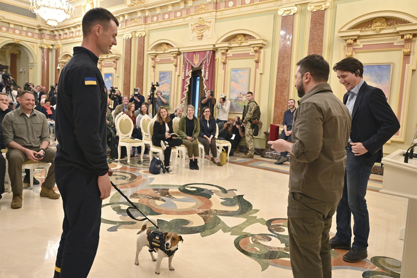 V. Zelenskis apdovanojo Ukrainos šunį išminuotoją Patroną.<br>ZUMAPRESS.com/Scanpix nuotr. 