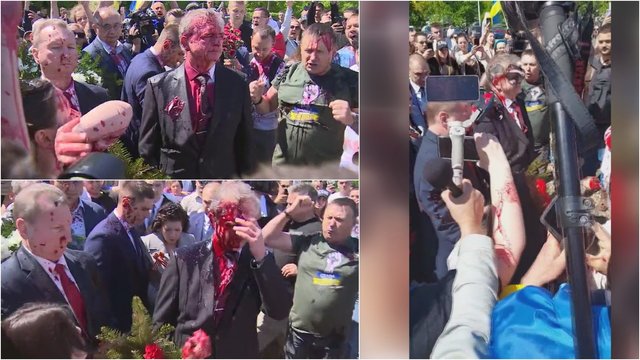 Užfiksuotas išpuolis prieš Rusijos ambasadorių Lenkijoje: minioje buvo aplietas raudonais dažais