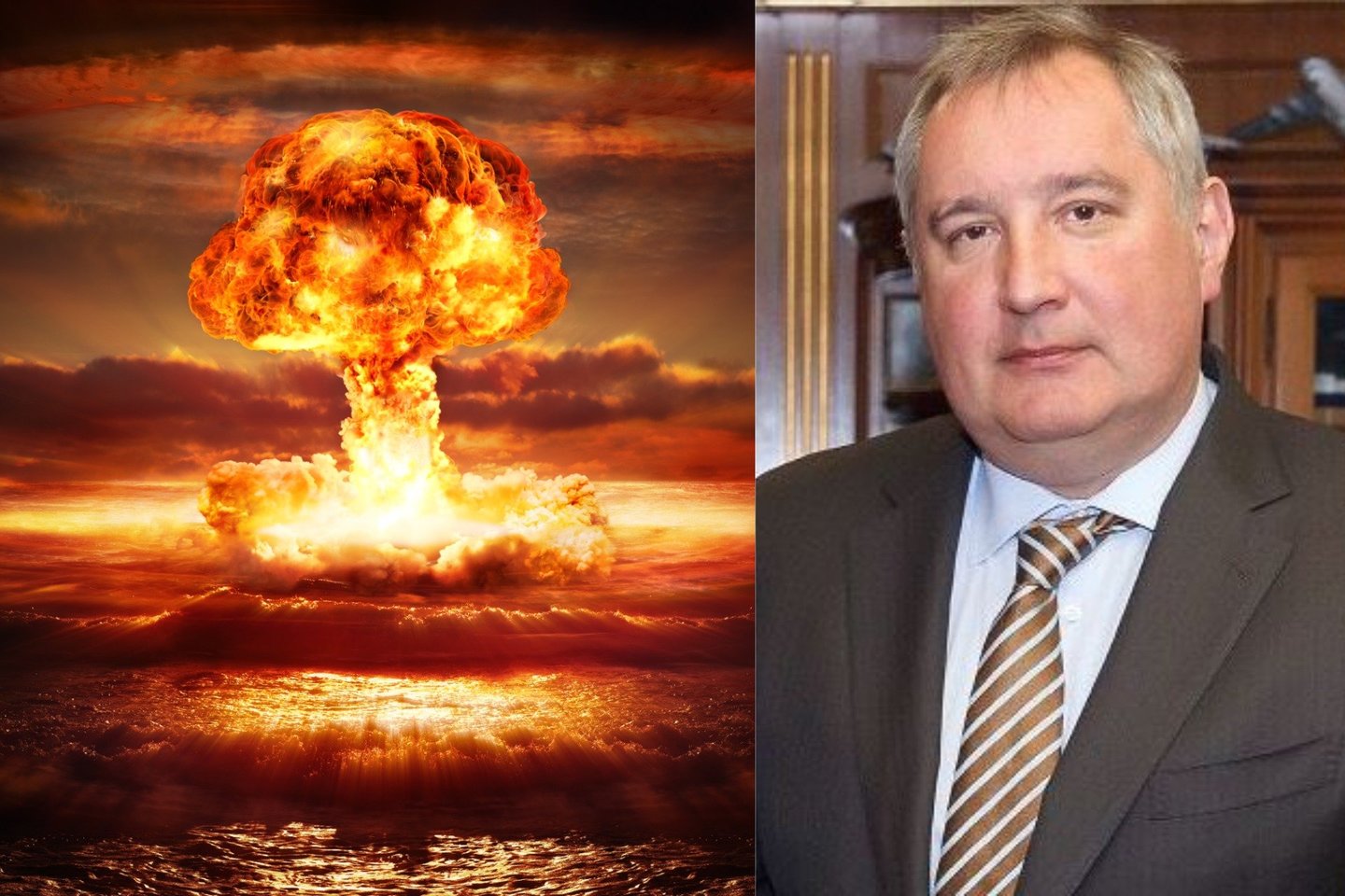  Rusijos kosmoso agentūros „Roscosmos“ vadovas pareiškė, kad branduolinio karo atveju Rusija NATO šalis sunaikintų per pusvalandį.<br> 123rf, WIkimedia iliustr., lrytas.lt mont.