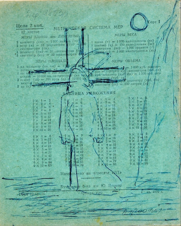 Piešinys ant Romo Kalantos 11-os klasės rusų kalbos darbų sąsiuvinio aplanko. 1970–1971 m. Nuotrauka. Kauno IX forto muziejus.<br>LYA nuotr.