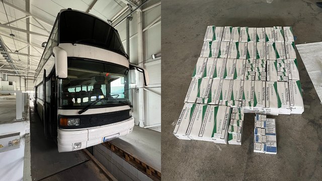 Keleiviniame autobuse muitininkai aptiko kontrabandos slėptuvę: konfiskuota daugiau nei 2 tūkst. cigarečių pakelių