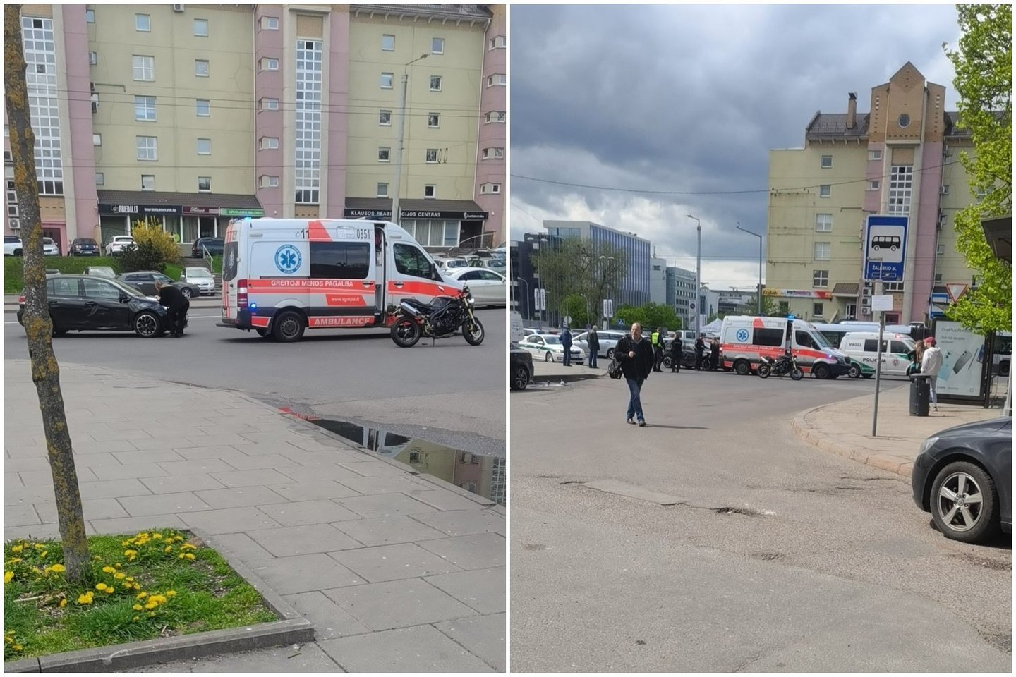  Vilniuje automobilis partrenkė motociklininką, tarp vairuotojų kilo konfliktas.<br>D.Bikuvienės nuotr./lrytas.lt koliažas