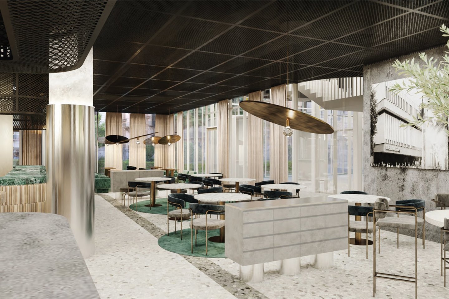 Naujajame statinyje įsikursiančios gastronomijos erdvės interjerą ir vizualizacijas kūrė „Yes.design.architecture“.<br>Vizual.