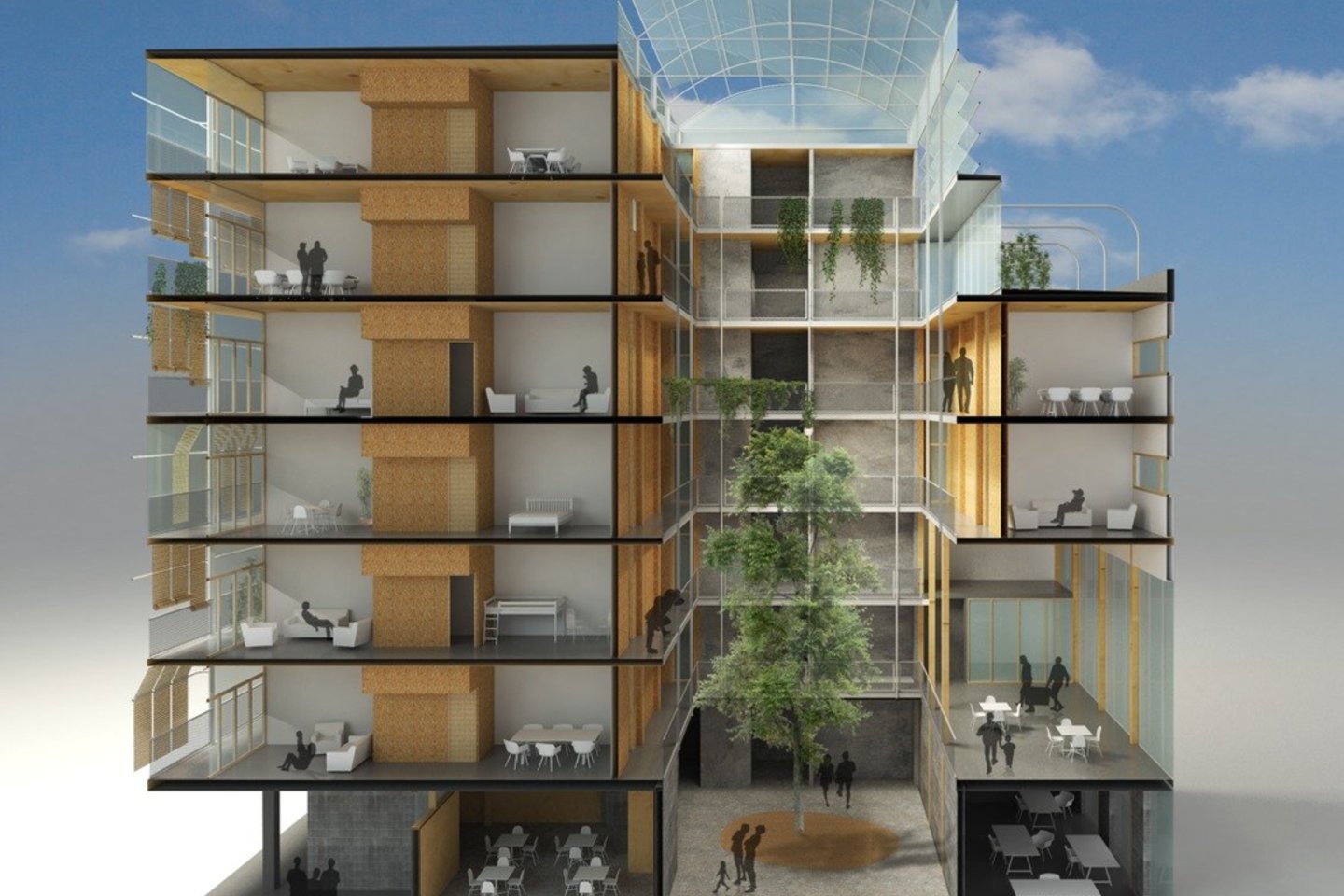 Aukščiausio Barselonoje medinio daugiabučio „La Borda“ gyventojai rado modelį – bendruomenės užsakymu architektų studija „Lacol“ sukūrė kooperatyvinį socialinį būstą.<br>Lluc Miralles / archdaily.com nuotr.