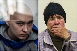 Įtempta ir ypatingai svarbi akistata: teisiamas Rusijos kareivis nuleidęs galvą klausėsi verkiančios Ukrainos moters klausimų