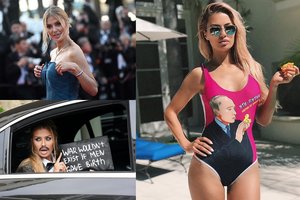 Victoria Bonya maudymuką su V. Putinu iškeitė į rankinę su užrašais apie karą, tačiau buvo išprašyta iš Kanų