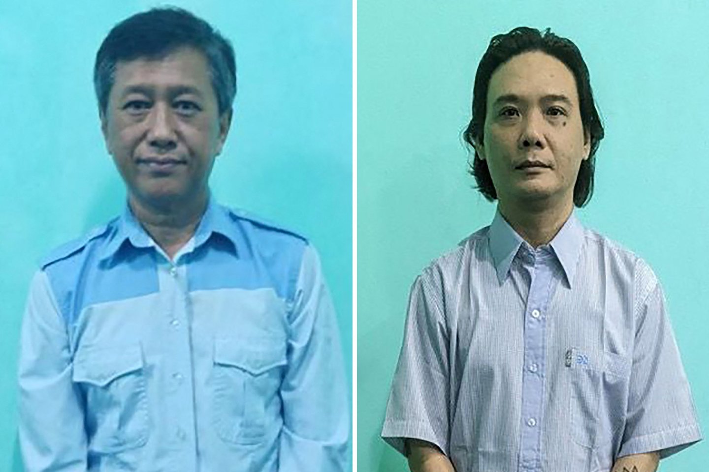 Šioje 2022 m. birželio 3 d. sukurtame nuotraukos koliaže matyti Mianmaro karinės informacijos grupės 2022 m. sausio 21 d. paskelbtos nedatuotos demokratijos aktyvisto Kyaw Min Yu, dar žinomo kaip Jimmy, kuris išgarsėjo per 1988 m. Mianmaro studentų sukilimą ir buvo suimtas per naktinį reidą 2021 m. spalį (kairė), ir buvusio įstatymų leidėjo Maung Kyaw (dešinė), taip pat pasivadinusio Phyo Zeya Thaw vardu, kaltinamo kelių išpuolių prieš režimo pajėgas organizavimu, nuotraukos.<br>AFP/Scanpix nuotr.