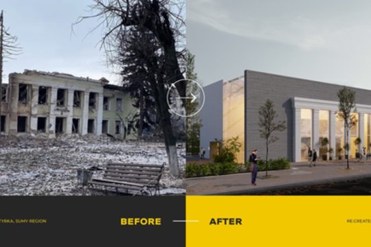 Serhijaus Sobkos (Serhii Sobka) vizija. Štai, kaip jis mato Okhtyrkos miesto tarybos pastato renovaciją.<br>Re:Create UA vizua.