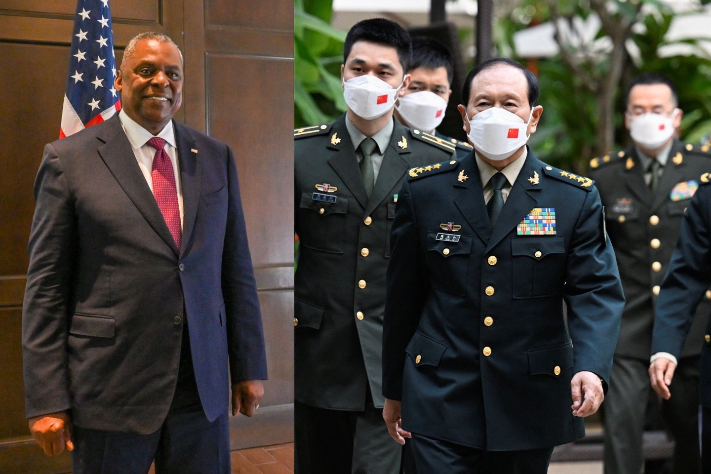 Singapūre penktadienį vyksta pirmosios tiesioginės JAV gynybos sekretoriaus ir Kinijos gynybos ministro derybos.<br>AFP/Reuters/Scanpix nuotr. Lrytas.lt koliažas.