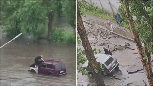 Rusijoje smarkios liūtys sukėlė potvynius: patvino gatvės, keliuose atsivėrė duobės
