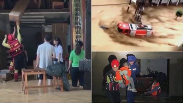 Kiniją užklupo rekordinis kritulių kiekis: užfiksuota, kaip potvynis nusinešė gaisrinės automobilį