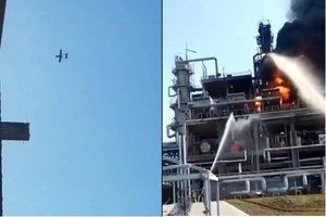 Užfiksavo ukrainiečių drono ataką: Rusijos naftos perdirbimo gamykla paskendo liepsnose