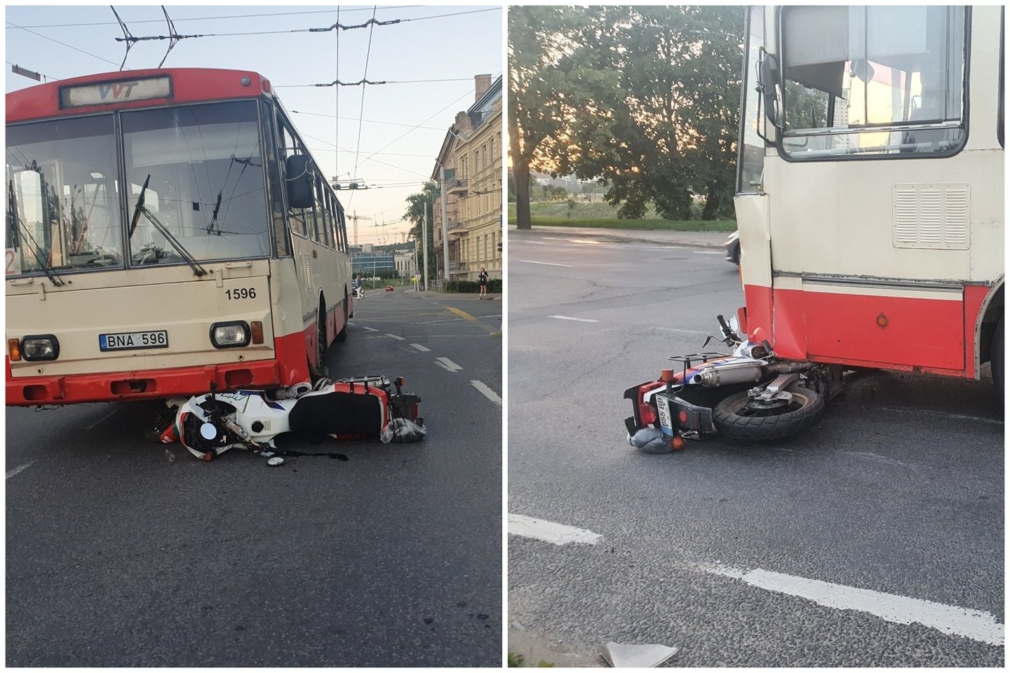  Avarija Vilniaus centre: motociklas atsidūrė po troleibusu, yra nukentėjusių.<br> Įvykio liudininko nuotr.