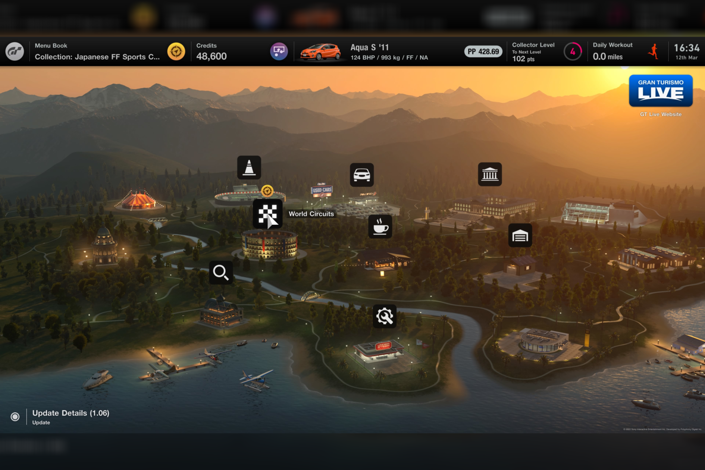  Pats žaidimo meniu – tarsi nedidelis Prancūzijos, Italijos ar Šveicarijos kalnų miestelis, tačiau tai – paprastumu užmaskuota prabanga.<br> „Gran Turismo 7“ ekrano nuotr.