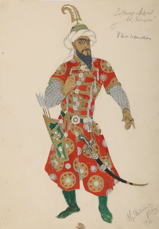 O.Dubeneckienės Sultono kostiumo eskizas Nikolajaus Rimskio-Korsakovo baletui „Šecherezada“.