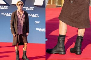 Ant raudono kilimo Bradas Pittas žvilgsnius kaustė pasipuošęs sijonu: komentatoriai giria raumeningas aktoriaus kojas