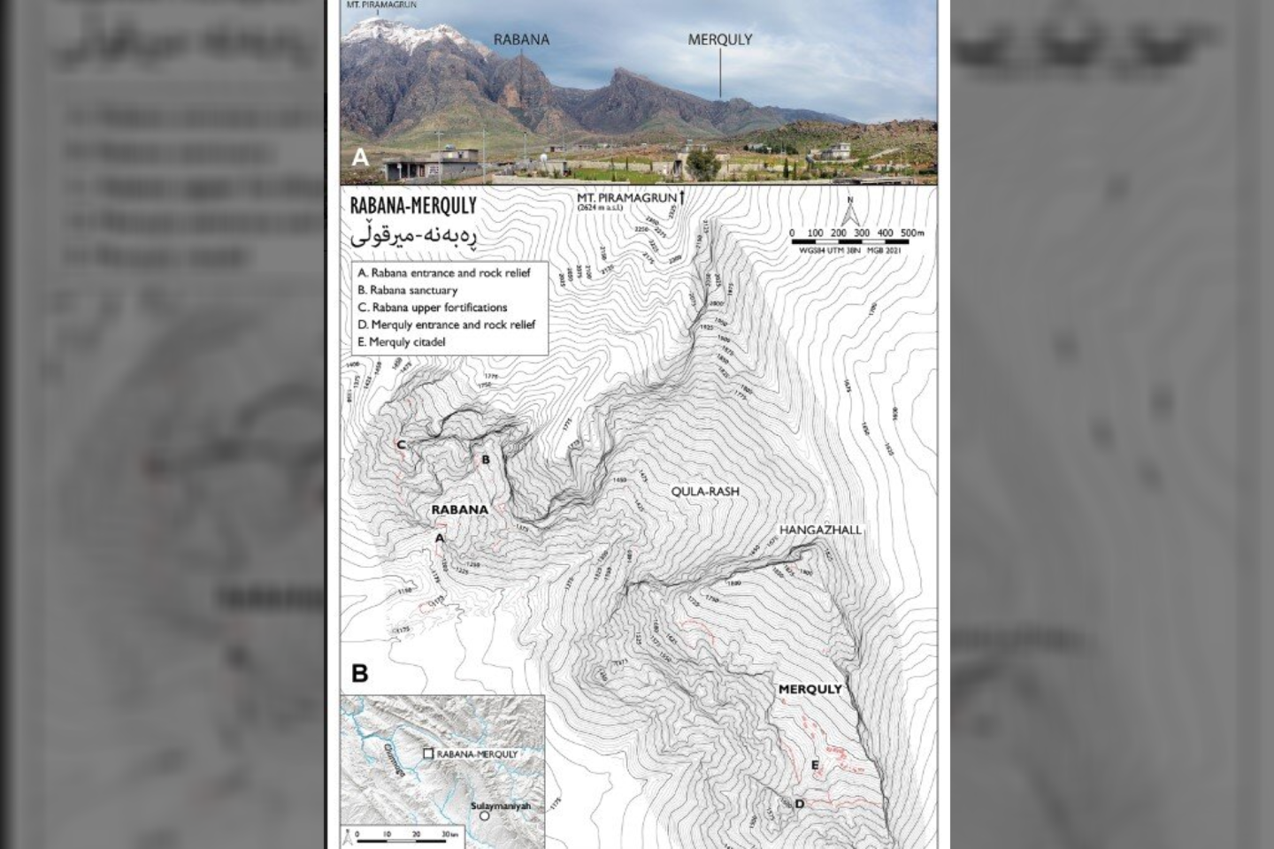  A) Piramagrūno kalnas, kuriame matyti pagrindinių Rabanos ir Merquly gyvenviečių išsidėstymas; B) Rabanos ir Merquly bendrasis planas<br> Rabanos-Marquly archeologinio projekto iliustr.