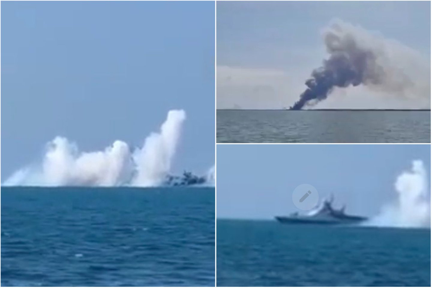 Šalia Sevastopolio krantų rūkstantis Rusijos karo laivas.<br>Stop kadrai, lrytas.lt koliažas.