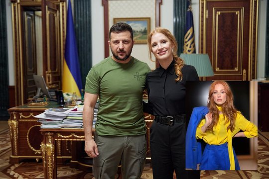 Į Kijevą atvyko Holivudo žvaigždė Jessica Chastain: susitiko su prezidentu Volodymyru Zelenskiu
