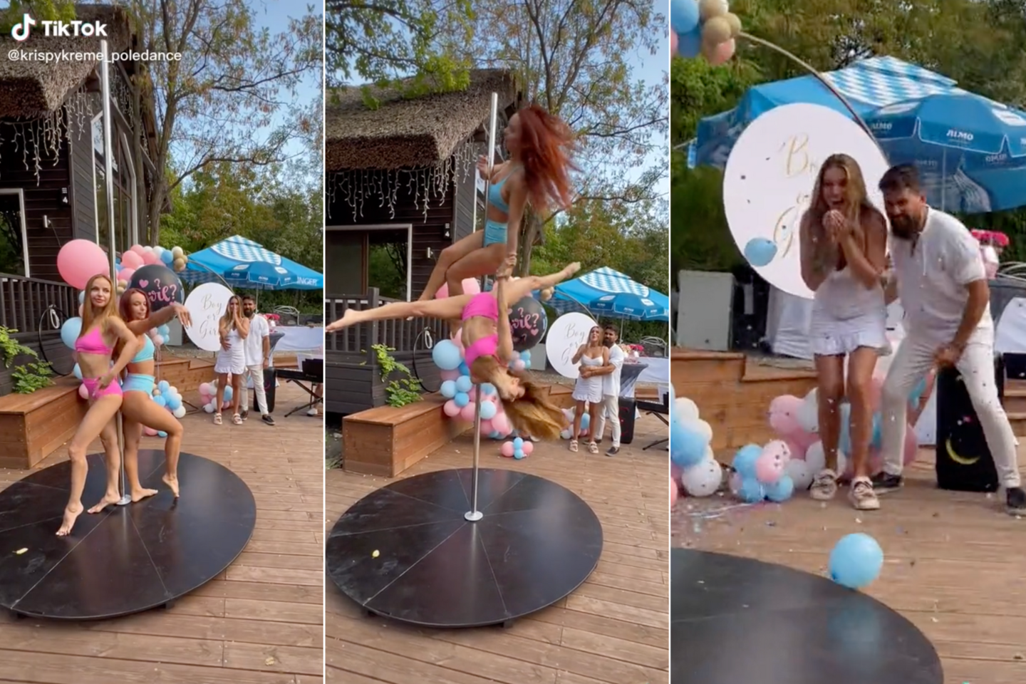 Šią savaitę „TikTok“ išpopuliarėjo įrašas, kuriame kūdikio lytį atskleidžia dvi šokėjos ant stulpų, vadinamos „pole dance“ akrobatės.<br>„TikTok“ nuotr. / lrytas.lt koliažas