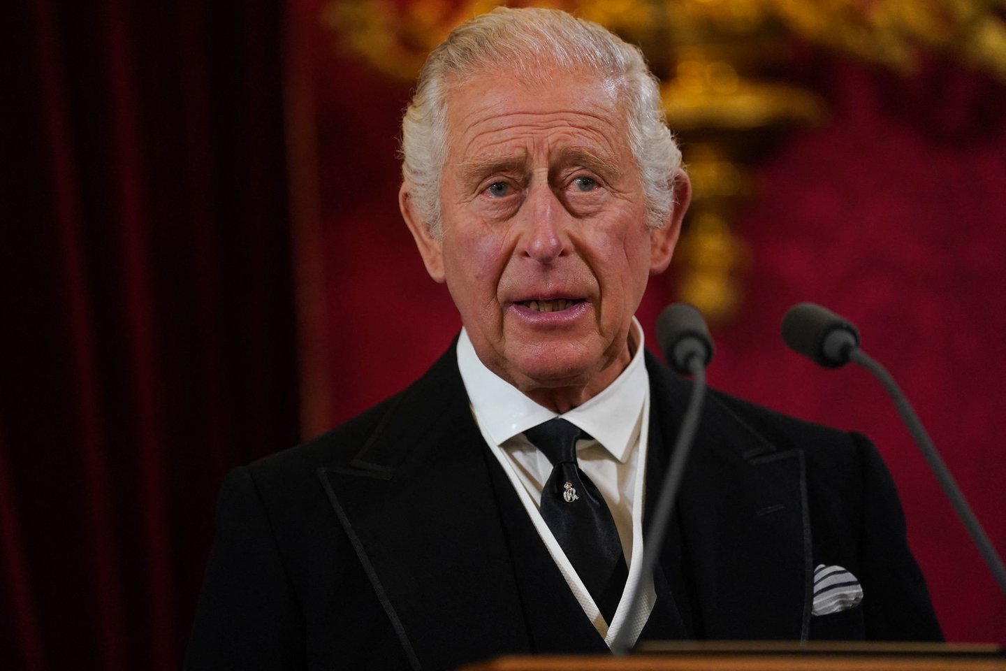 Didžiosios Britanijos karalius Karolis III kalba per Stojimo tarybos posėdį Švento Jokūbo rūmuose Londone 2022 m. rugsėjo 10 d., kuriame jis skelbiamas naujuoju karaliumi.<br>AP/Scanpix nuotr.