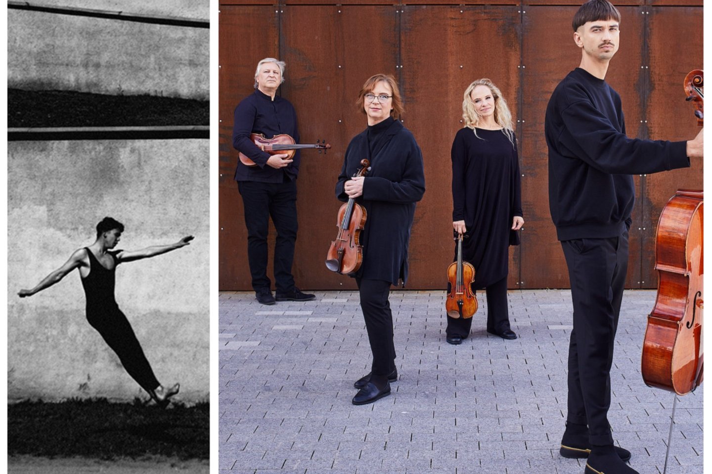 Styginių kvartetas „Chordos“ su menininku D. Kolomyckiu pristatys provokuojantį gyvos muzikos ir judesio performansą.<br> Lrytas.lt koliažas.