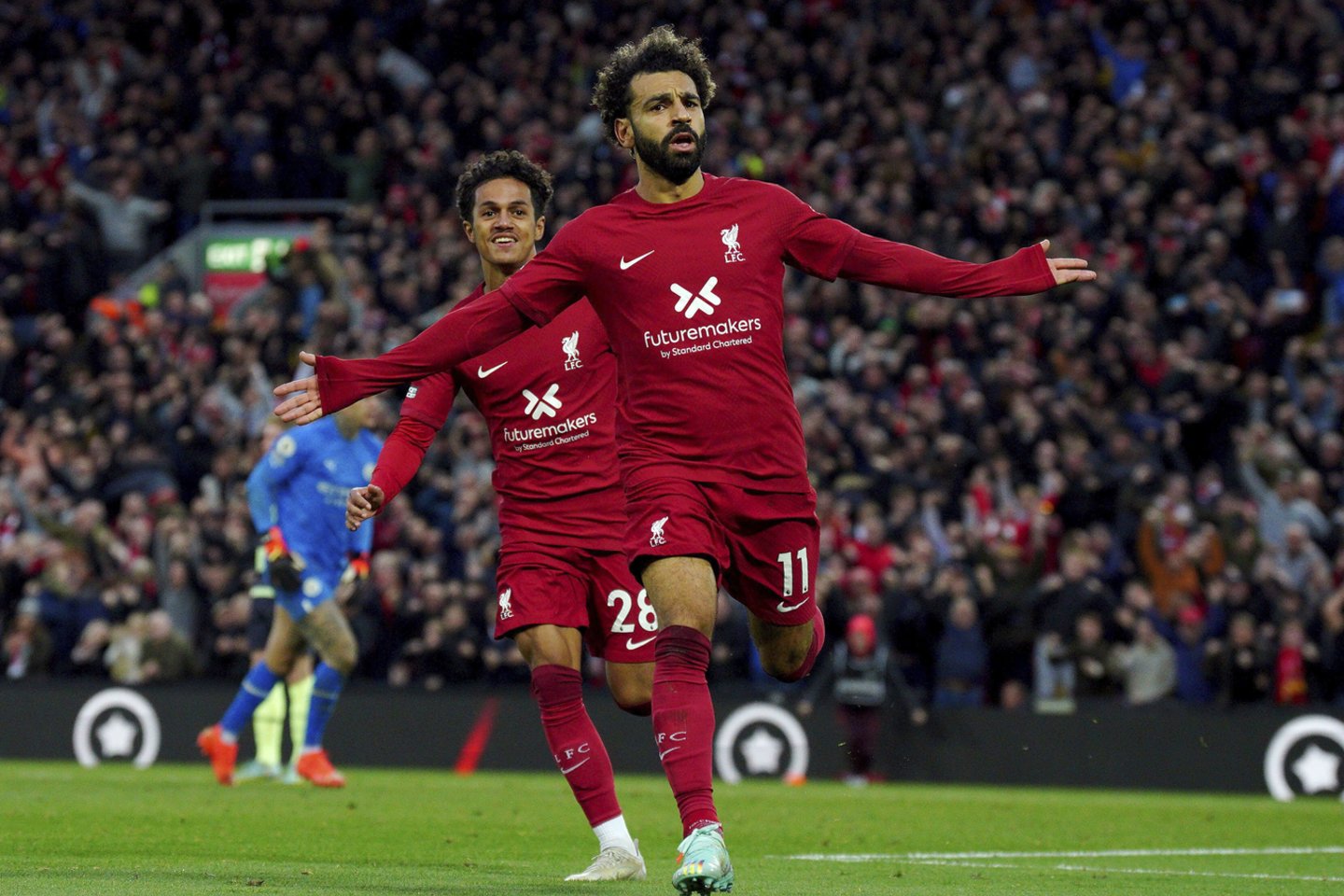 Mohamedas Salah pelnė vienintelį įvartį, kuris lėmė „Manchester City“ pralaimėjimą.<br> AFP/Scanpix.com nuotr.