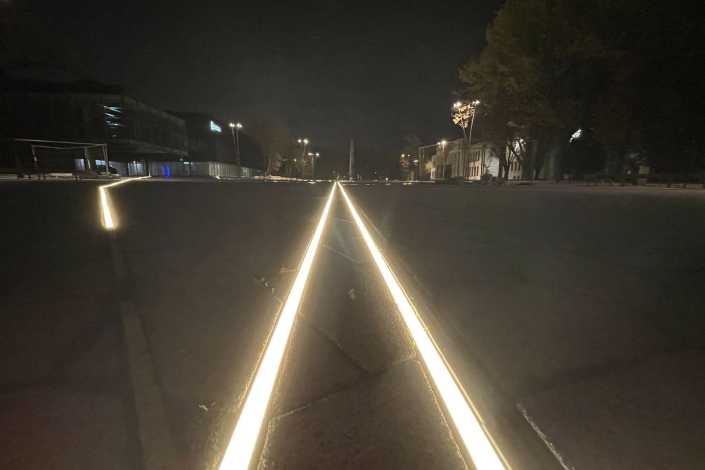 Sporto gatvės grindinyje įrengtas LED juostų apšvietimas primena ąžuolo lapus.<br>G.Bitvinsko nuotr.