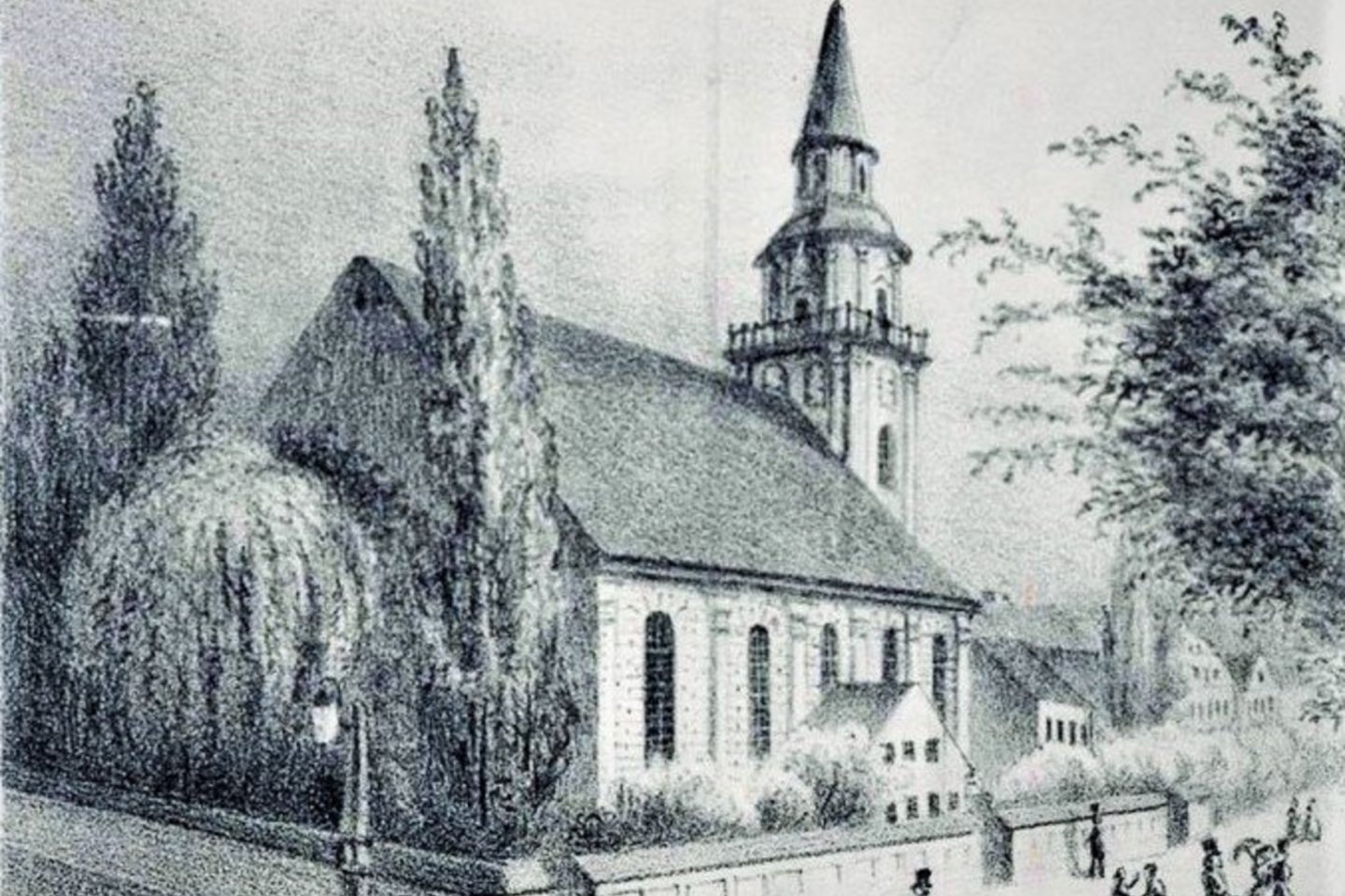 Taip atrodė Turgaus gatvės gale stovėjusi evangelikų bažnyčia prieš miestą nusiaubusį didijį gaisrą. 1852.<br> E.G. Waldhauerio piešinys.
