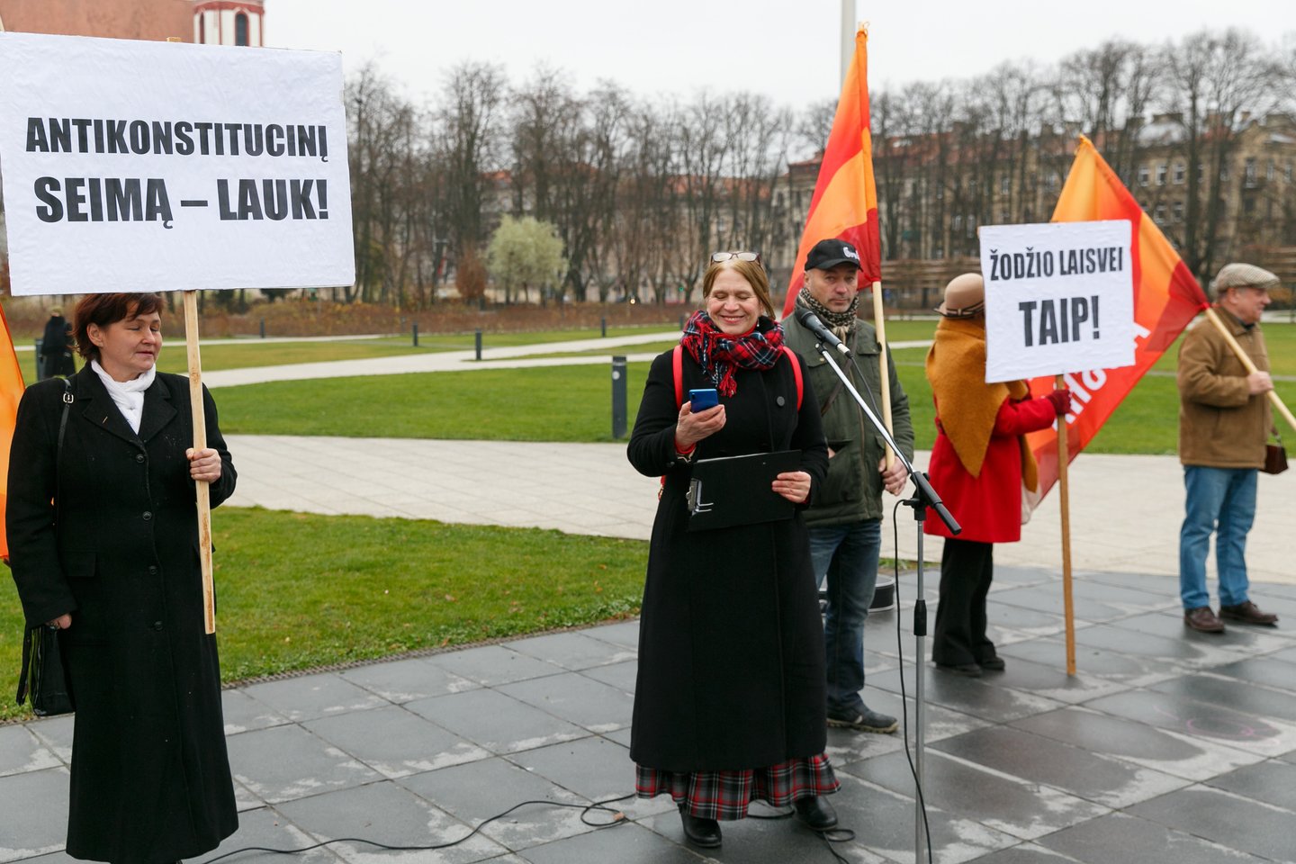 E.Švenčionienė aiškina, kad Lietuvoje plinta fašizmas, nėra demokratijos, bandoma susidoroti su kitaip mąstančiais.<br>T.Bauro nuotr.