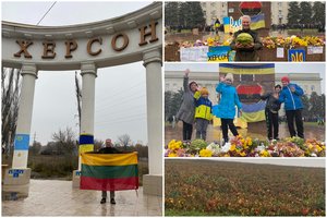 Chersone trispalvę iškėlęs Lietuvos ambasadorius: „Sunku nusakyti, ką tie išgamos padarė su Ukraina“