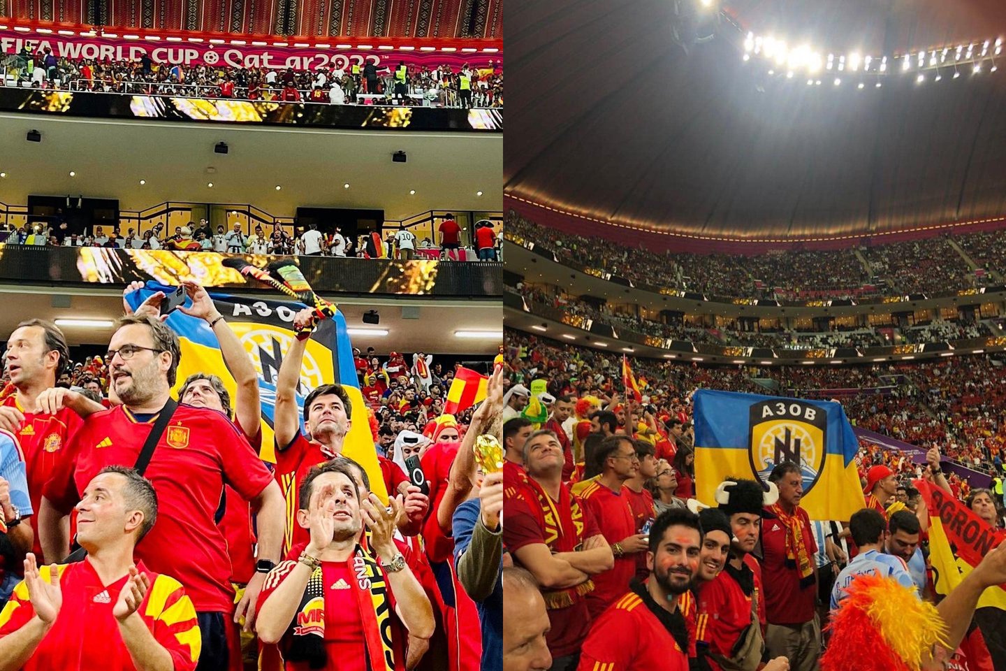 Ispanijos sirgaliai iškėlė vėliavą su „Azov“ pulko simbolika<br>R.Zuzulijos feisbuko nuotr. koliažas.