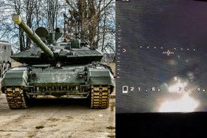 Įspūdingi kadrai: parodė, kaip dronu sunaikinamas vienas geriausių Rusijos tankų