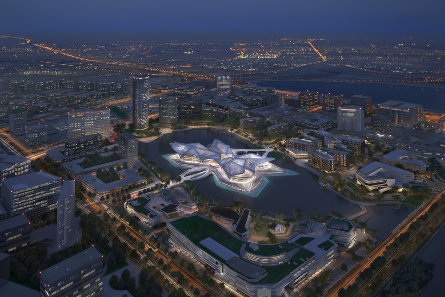 Šiais metais bus baigtas statyti „Zaha Hadid Architects“ projektuotas Zhuhai Jinwan Civic Art Centre virš dirbtinio ežero Zhuhai mieste, pietų Kinijoje.<br>Zaha Hadid Architects / archdaily.com vizual. ir nuotr.