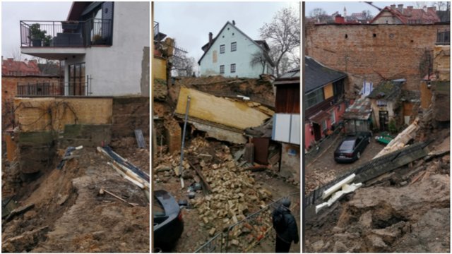 Užfiksuoti vaizdai, kaip atrodo penktadienio vakarą Vilniuje nuvirtusi pastato siena