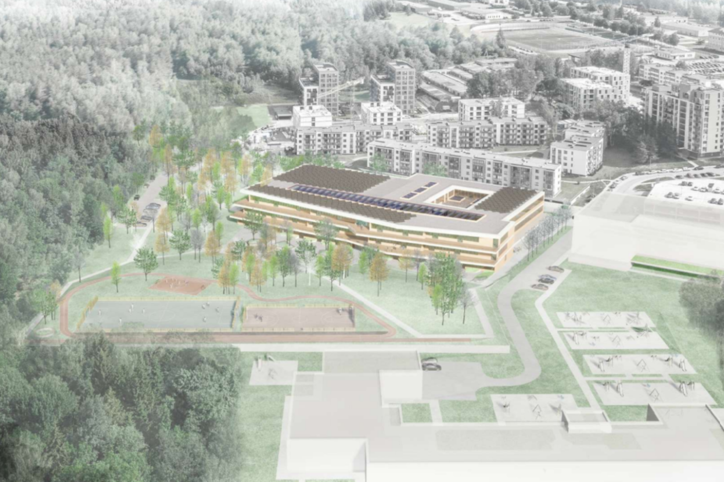 Verkių seniūnijoje, Bajorų kelyje 12, projektuojama nauja mokykla. Moderni ir šiuolaikinius poreikius atitinkanti progimnazija galės priimti daugiau kaip 900 moksleivių.<br> Vizual.