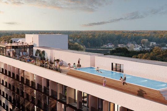 Cranes are already turning, and builders are already at work in Druskininkai, the former largest sanatorium of the resort – the Nemunas by CITUS project was granted a building permit in September 2022.